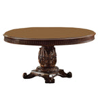 HomeRoots Cherry Wood, Poly Resin, Veneer (Wood) Round Wooden top Dining Table with Single Carved Pedestal