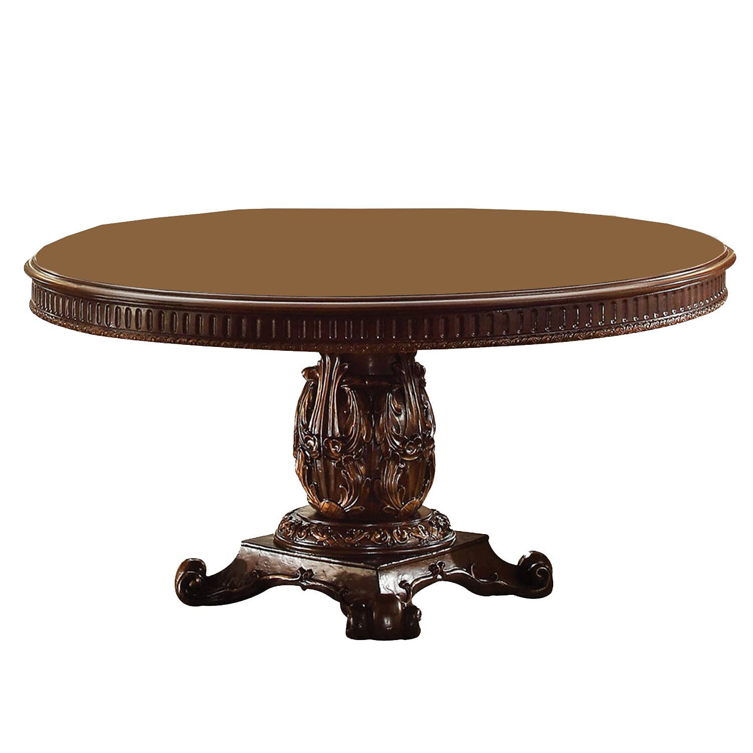 HomeRoots Cherry Wood, Poly Resin, Veneer (Wood) Round Wooden top Dining Table with Single Carved Pedestal