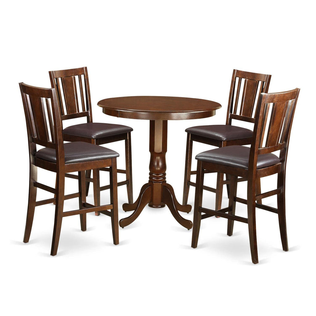 East West Furniture JABU5-MAH-LC 5 Piece Counter Height Dining Table Set Includes a Round Wooden Table with Pedestal and 4 Faux Leather Upholstered Chairs, 36x36 Inch, Mahogany