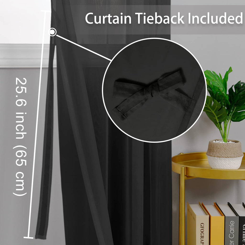 Hiasan Black Sheer Curtains For Bedroom With Tiebacks, Grommet Light Filtering And Breathable Voile Window Curtains For Living Room, Kids Room And Nursery, W52 X L90, Set Of 2 Panels