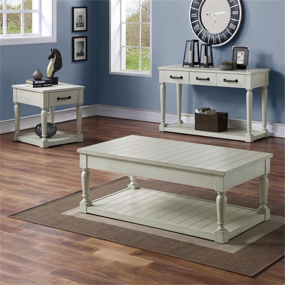 Steve Silver Hemingway Cottage Styling, Alabaster Finish, Working Drawer, Farmhouse Design, Ebony Metal Hardware Sofa Table, 50 x 17 x 30