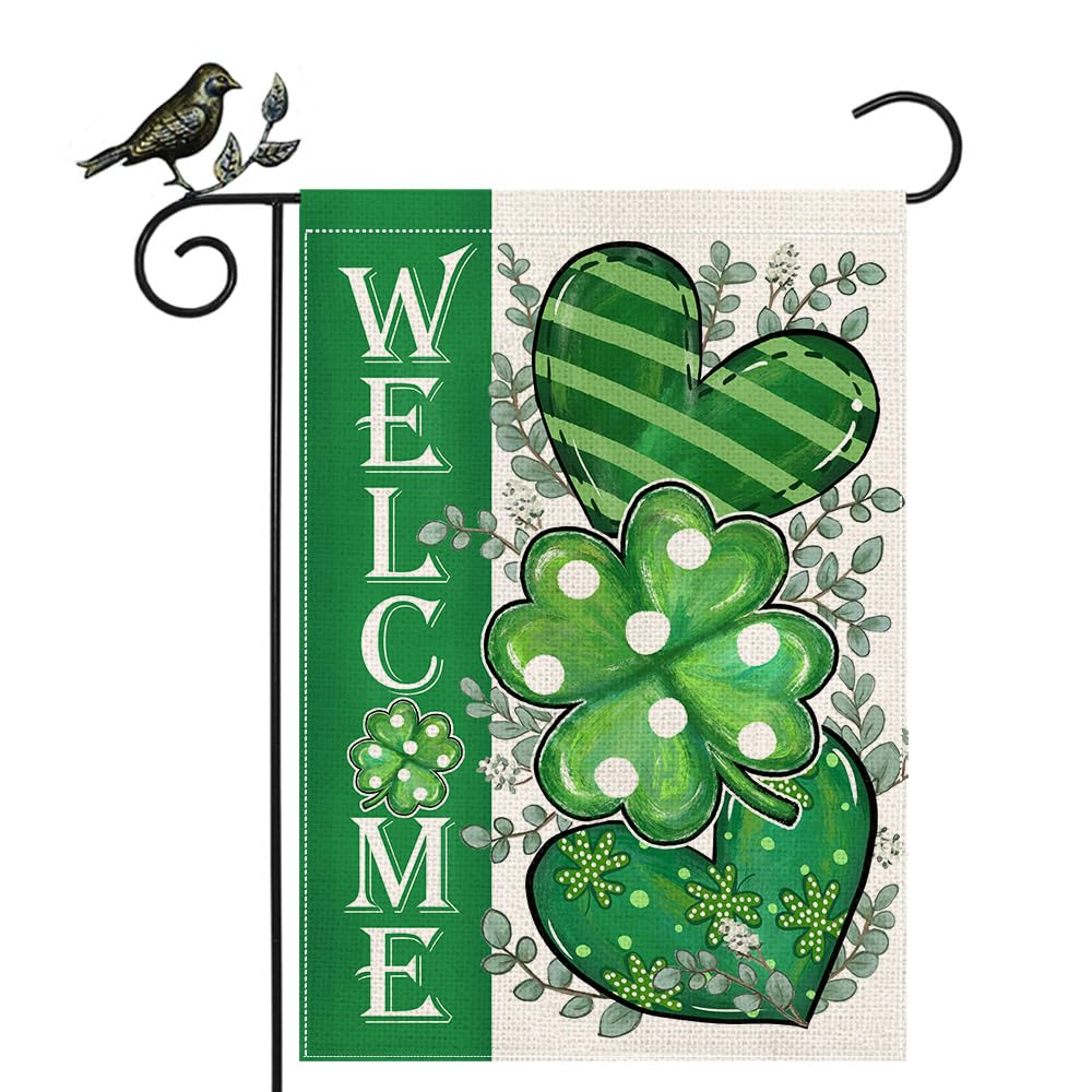 Geeory St Patricks Day Garden Flag 12.5 X 18 Inch, Shamrock Hearts Welcome Double Sided Decorative Flag For Outside Yard Lawn De