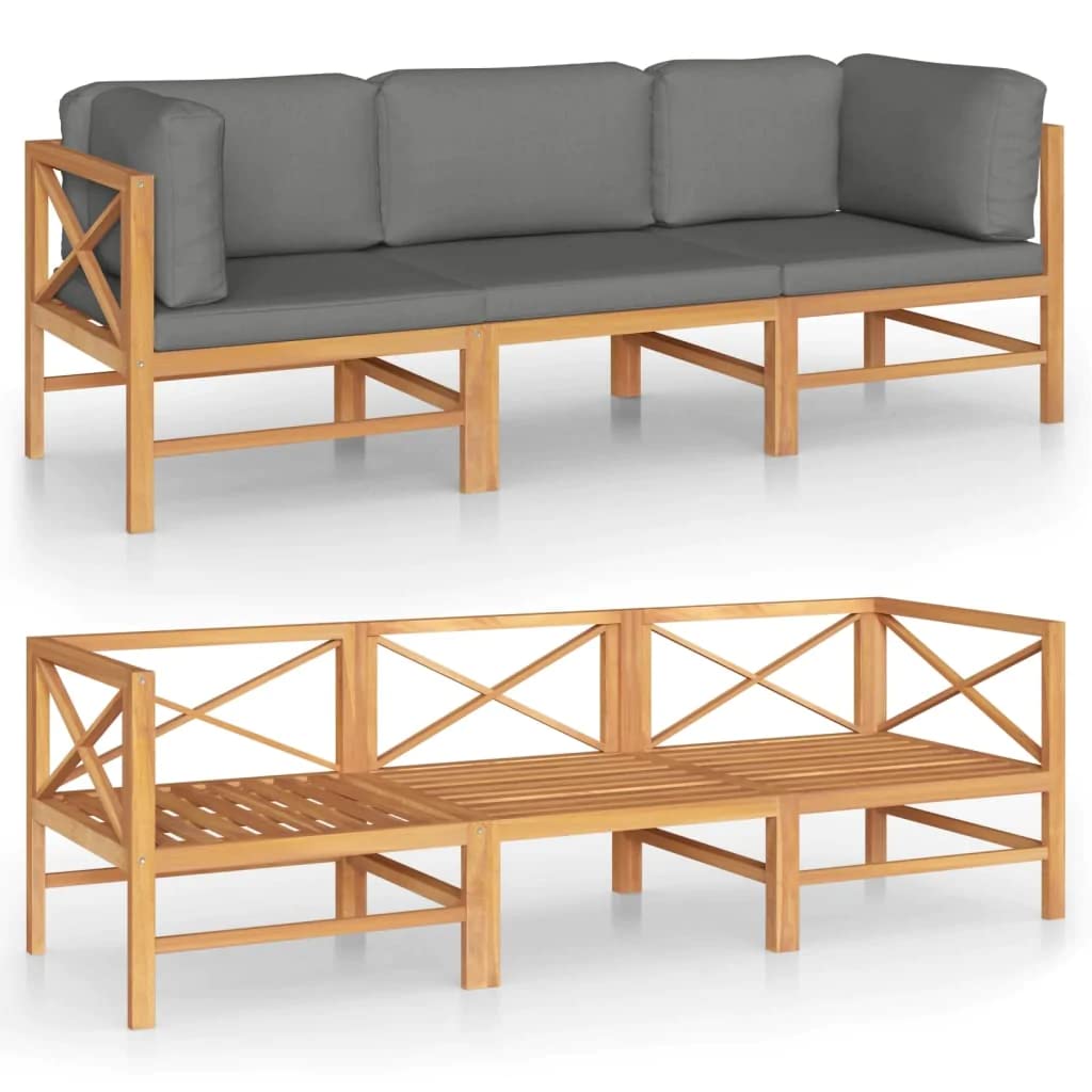 vidaXL Patio Lounge Set, 4-Seater, Patio Furniture Set for Outdoor, Sectional Sofa with Gray Cushions, Corner Sofa, Retro Style, Solid Teak Wood