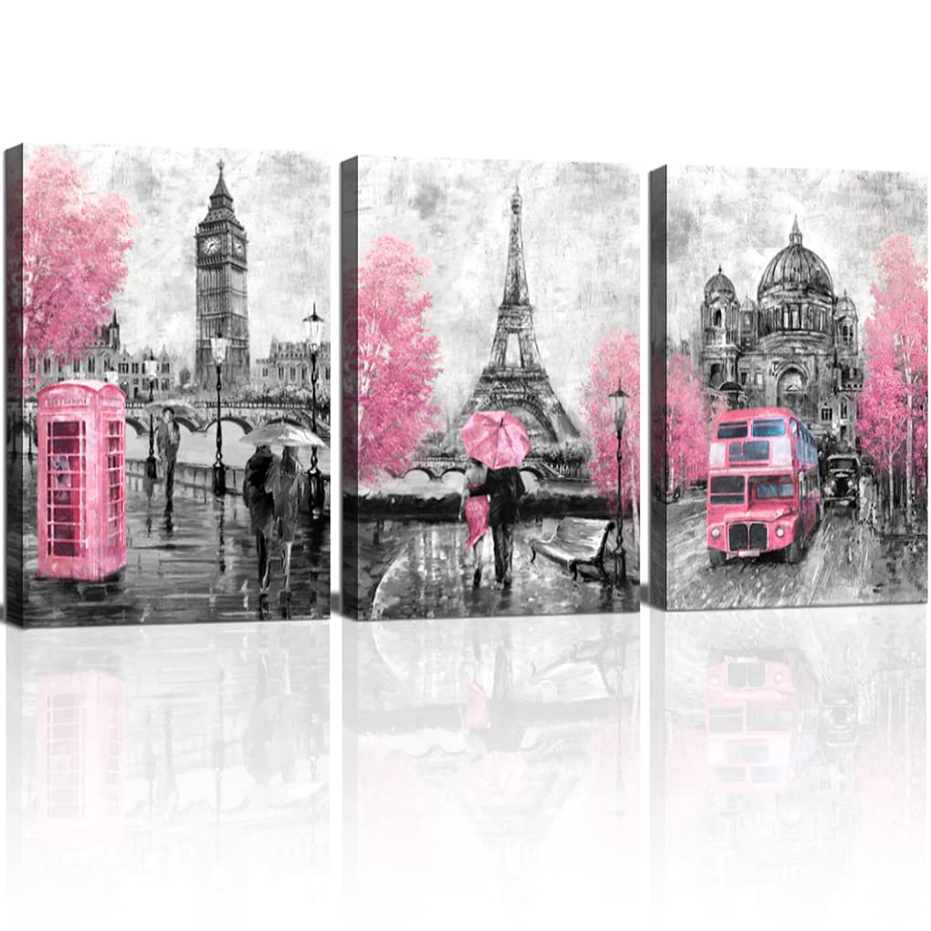 CANVASZON Wall Art for Bedroom Bathroom Pink and Gray Paris Canvas Art Girls Room Decor Paris Theme Rustic Canvas Print Art for 