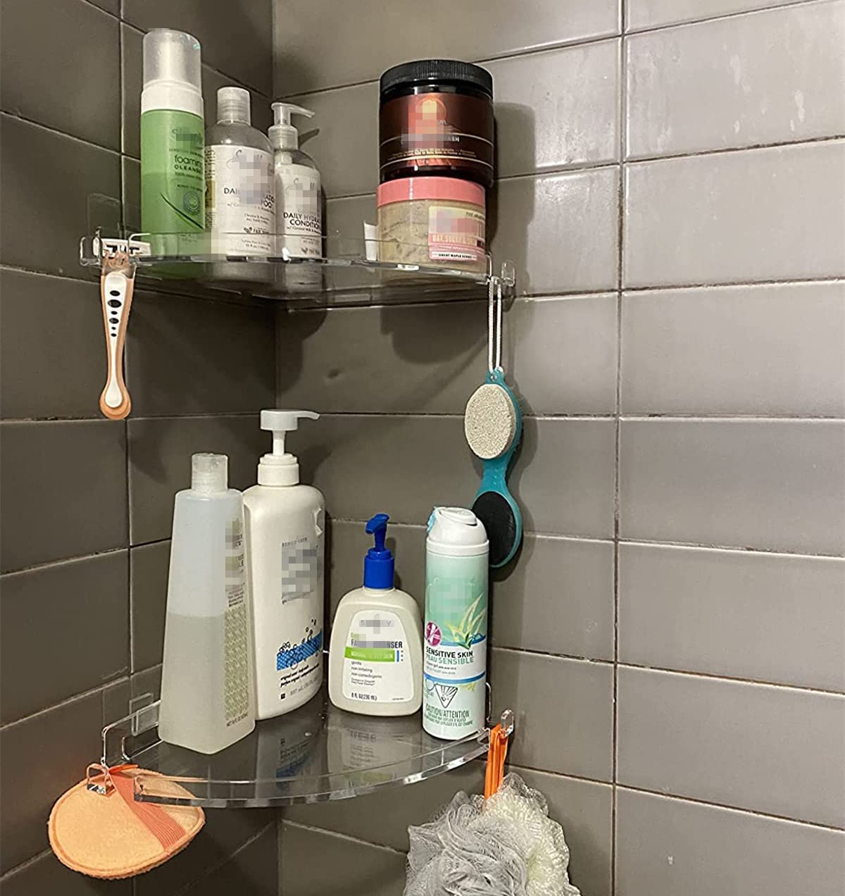 JiePai Acrylic Corner Shower Caddy Shelf with Hooks 2 Pack, Adhesive Wall Mounted Bathroom Shower Shelf Organizer for Inside Sho