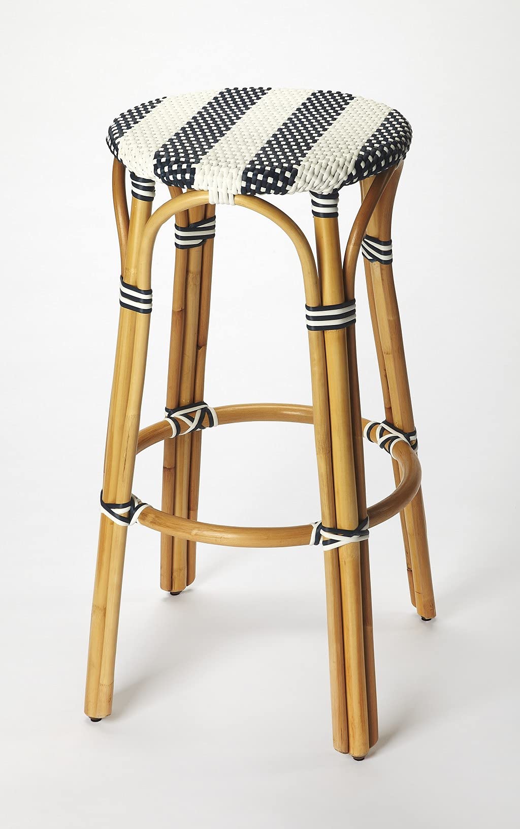 HomeRoots Rattan, Polyurethane Synthetic Rattan Navy Blue and White Rattan Bar Stool