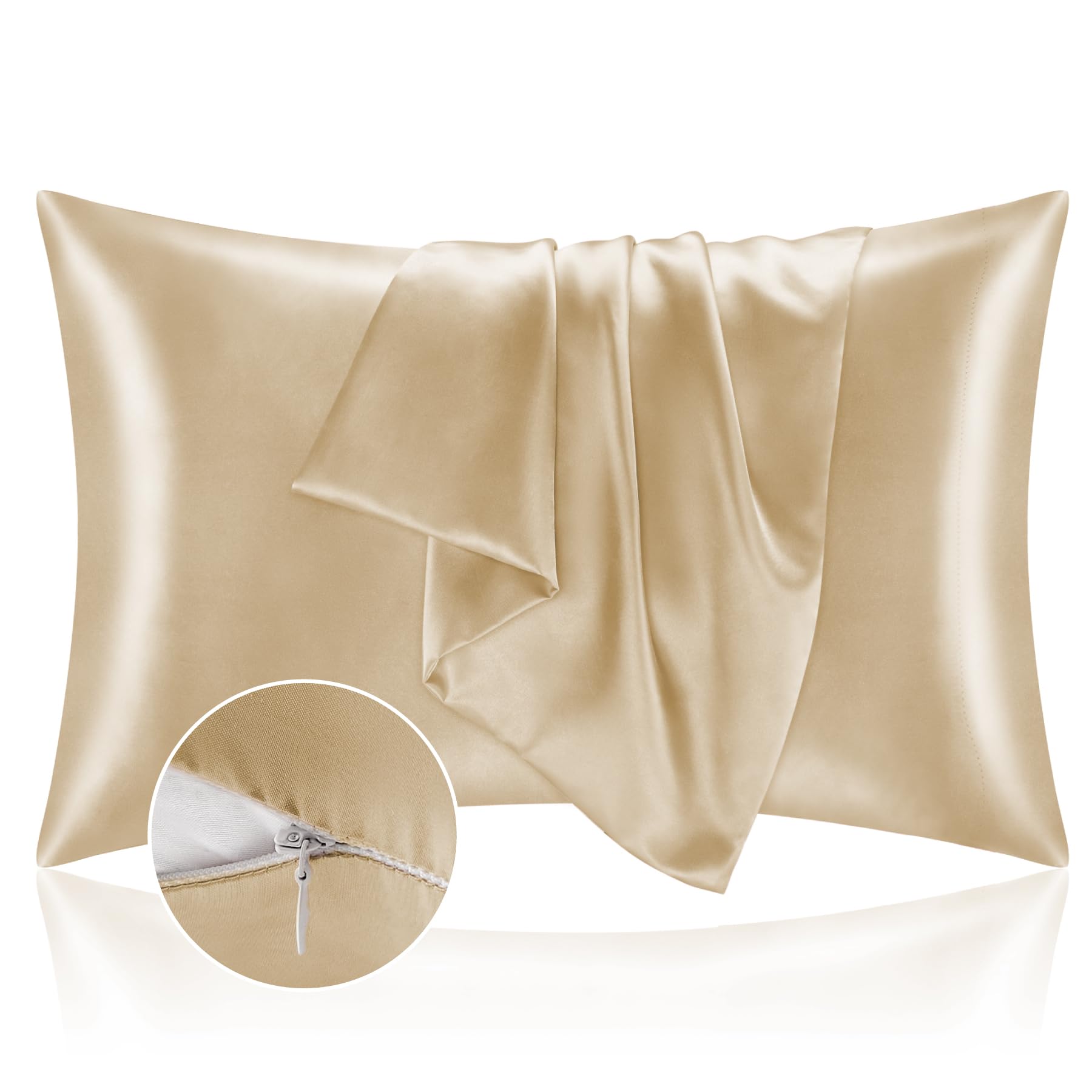Bedelite Satin Pillowcase With Zipper 2 Pack, Champagne Pillow Cases Standard Size, Super Soft And Cooling Similar To Silk Pillo