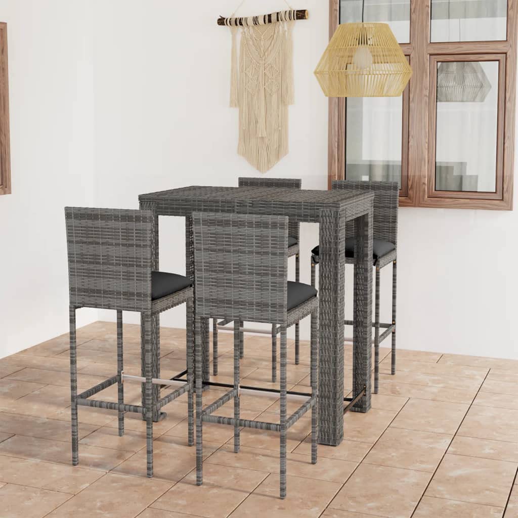 vidaXL Patio Bar Set with Cushions 5 Piece Garden Outdoor Bar Sets Dinner Bistro Dining Table Chair Stool Pub Furniture Seating Poly Rattan Gray
