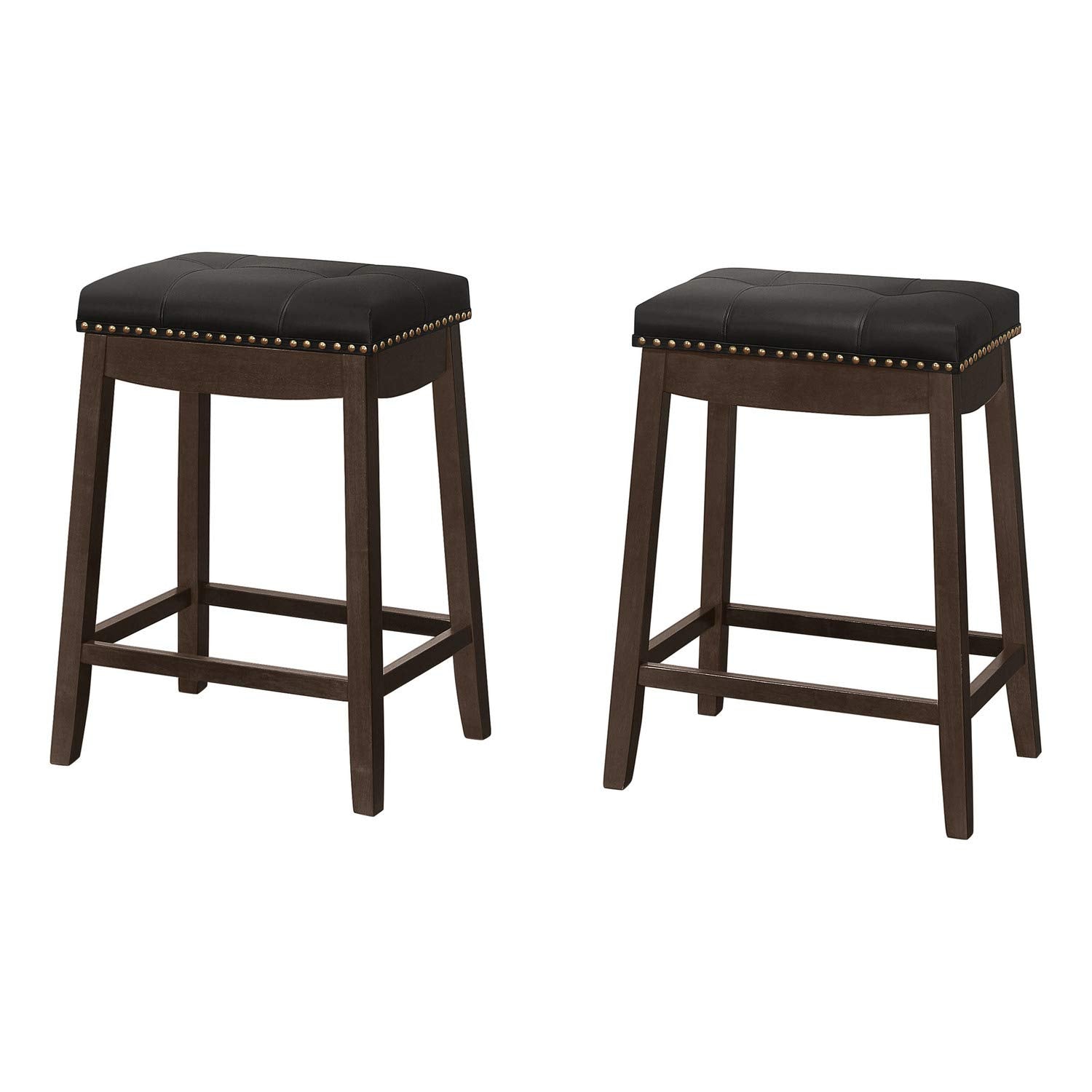Monarch Specialties I 1261 Bar Stool, Set of 2, Counter Height, Saddle Seat, Kitchen, Wood, Pu Leather Look, Black, Brown, Transitional