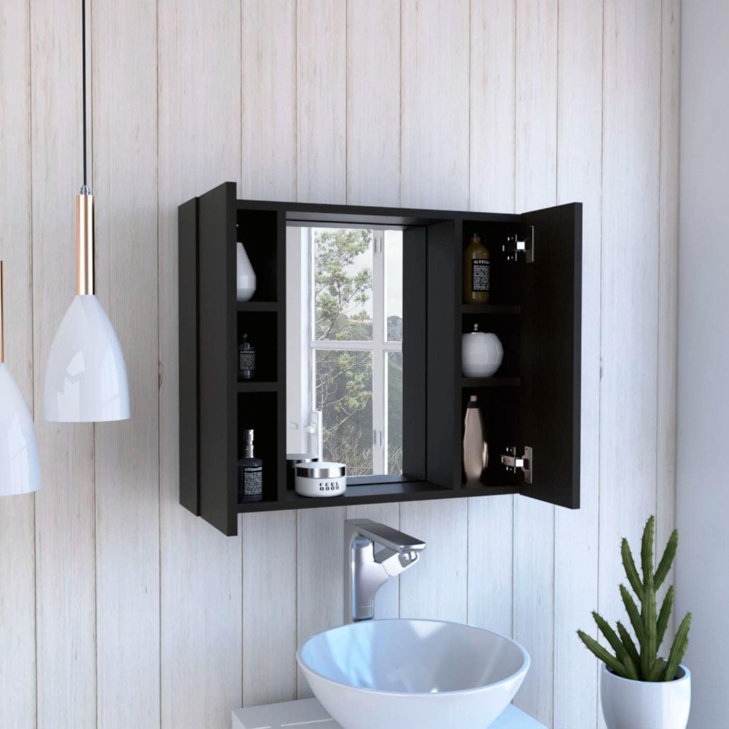 Garnet Medicine Cabinet With Mirror, 6 Inner Shelves, And External Shelf, Black