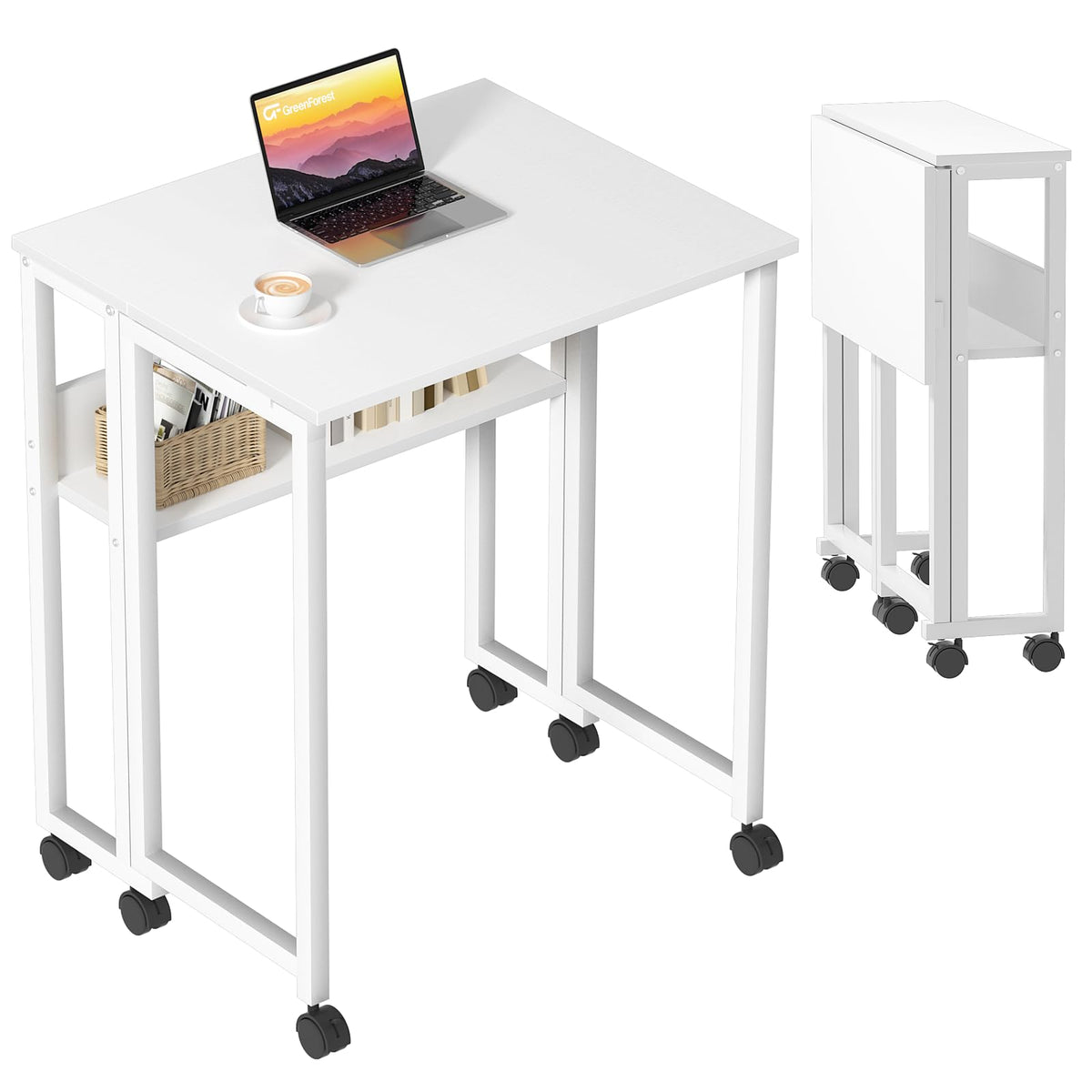 Greenforest Folding Desk Small Rolling Desk With Storage Shelf, 31.5 Inch Foldable Computer Desk With Wheels For Small Space, Easy Assembly,Pure White