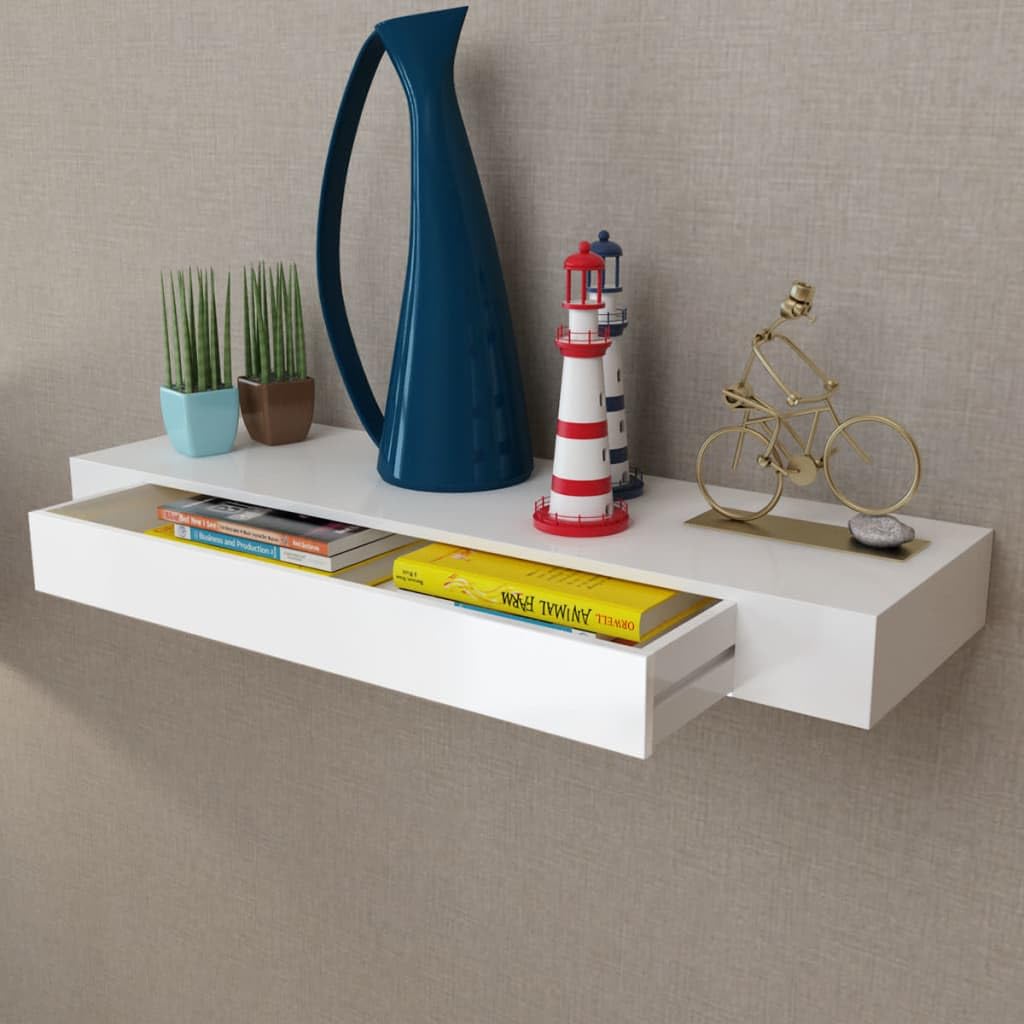 vidaXL Floating Wall Display Shelf with Invisible Mounting System – White MDF – 1 Drawer for Storage – Scandinavian, Modern Style - 31.5&quot;x9.8&quot;x3.1&quot; Dimension