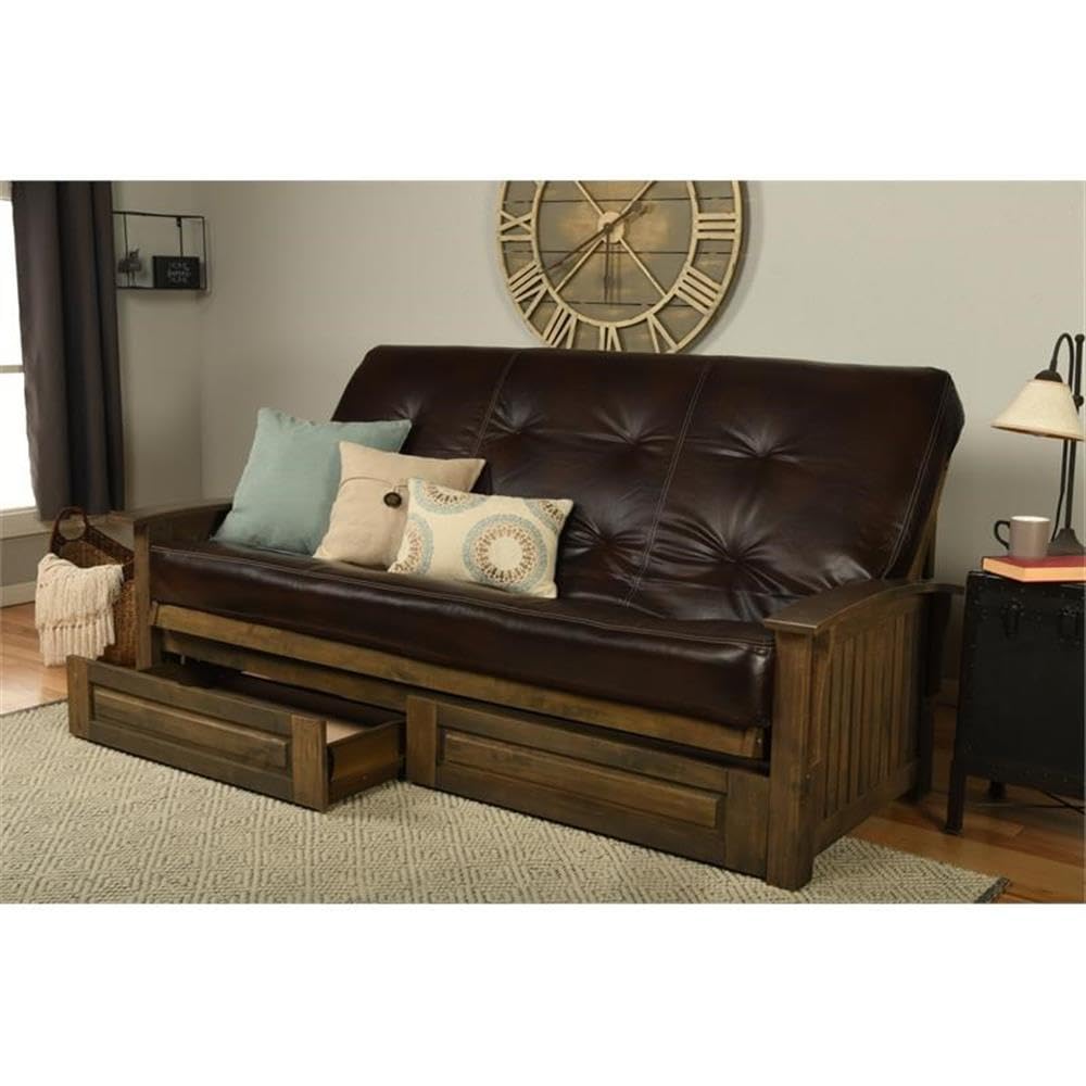 Kodiak Furniture Washington Queen Size Futon Frame with Storage Drawers - Wood Futon Frame with Mattress Included in Java Brown Color