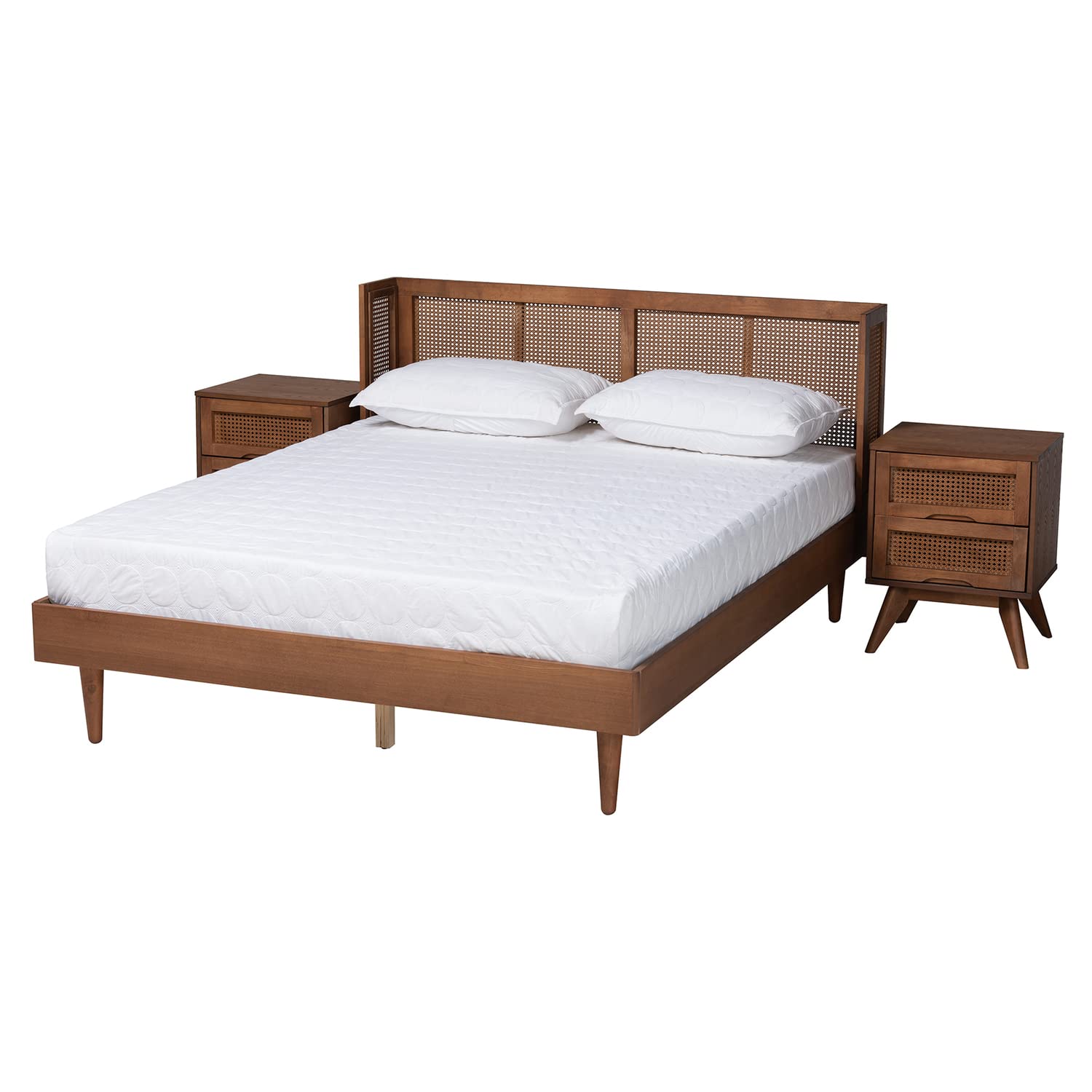 Baxton Studio Rina Ash Walnut Wood 3-Piece Queen Size Bedroom Set With Rattan