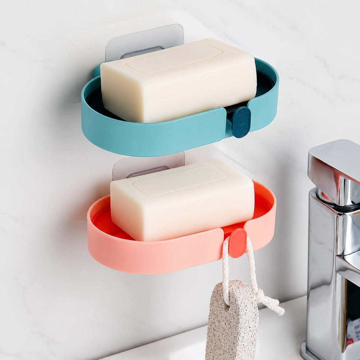 Amazon Brand  Solimo 2 Pcs Wall Mounted Soap Holder with Drain Tray & Hanging Hook, Self Adhesive Soap Case for Bathroom, Showe