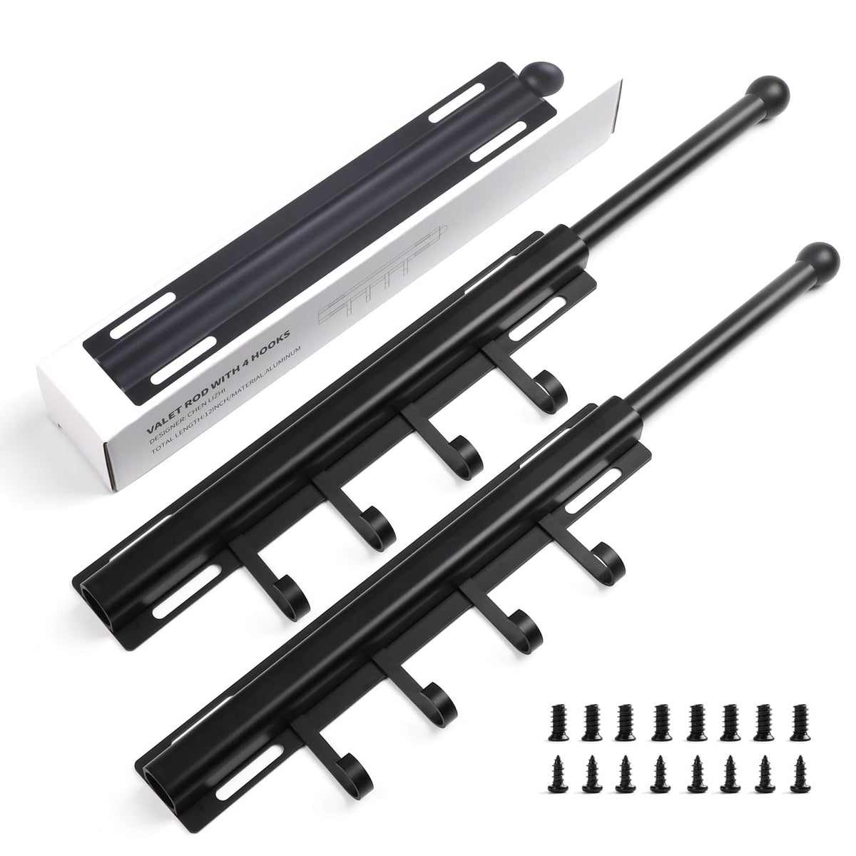 BaiNong Valet Rod for Closets Pull Out 12 Black with 4 Hooks (2Pack)