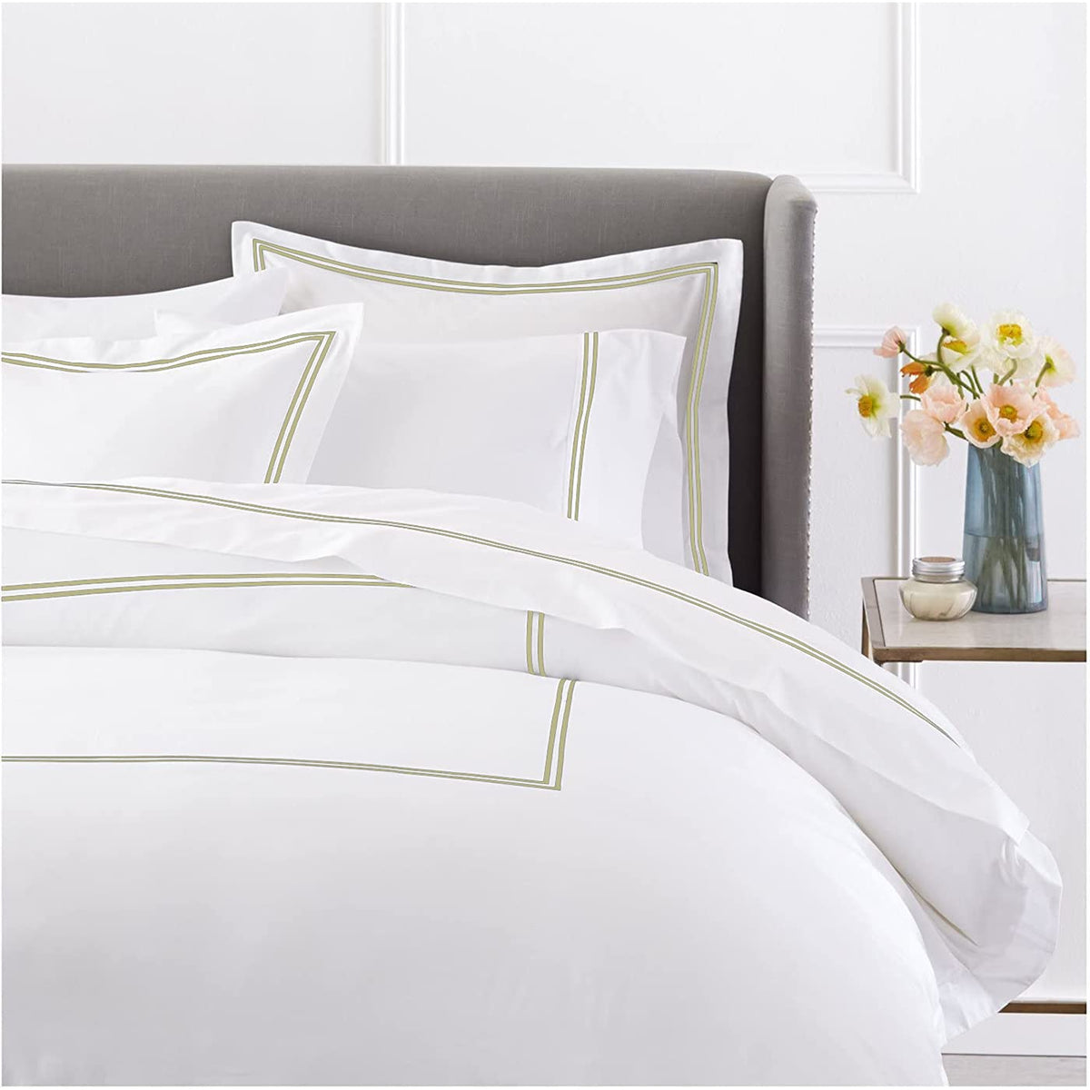 Beddecor Luxury 400-Thread-Count Egyptian Cotton Embroidered Duvet Cover Set With Beautiful 2-Stripe Embroidery Queen Sage Solid