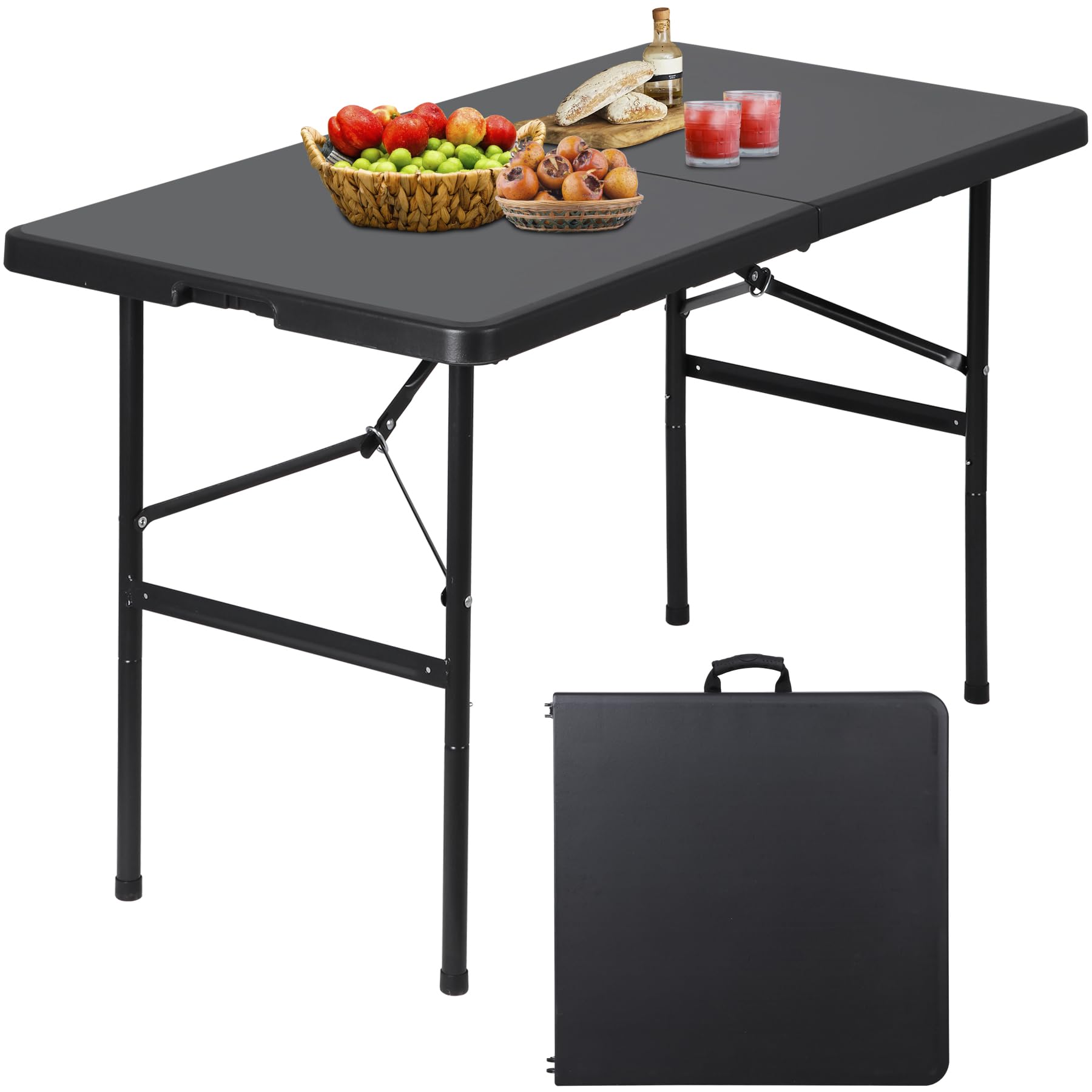 Zenstyle 4 Ft Indoor Outdoor Heavy Duty Plastic Folding Table Portable Picnic Table Fold-In-Half Utility Table W/Handle And Steel Legs For Camping, Dining, Party