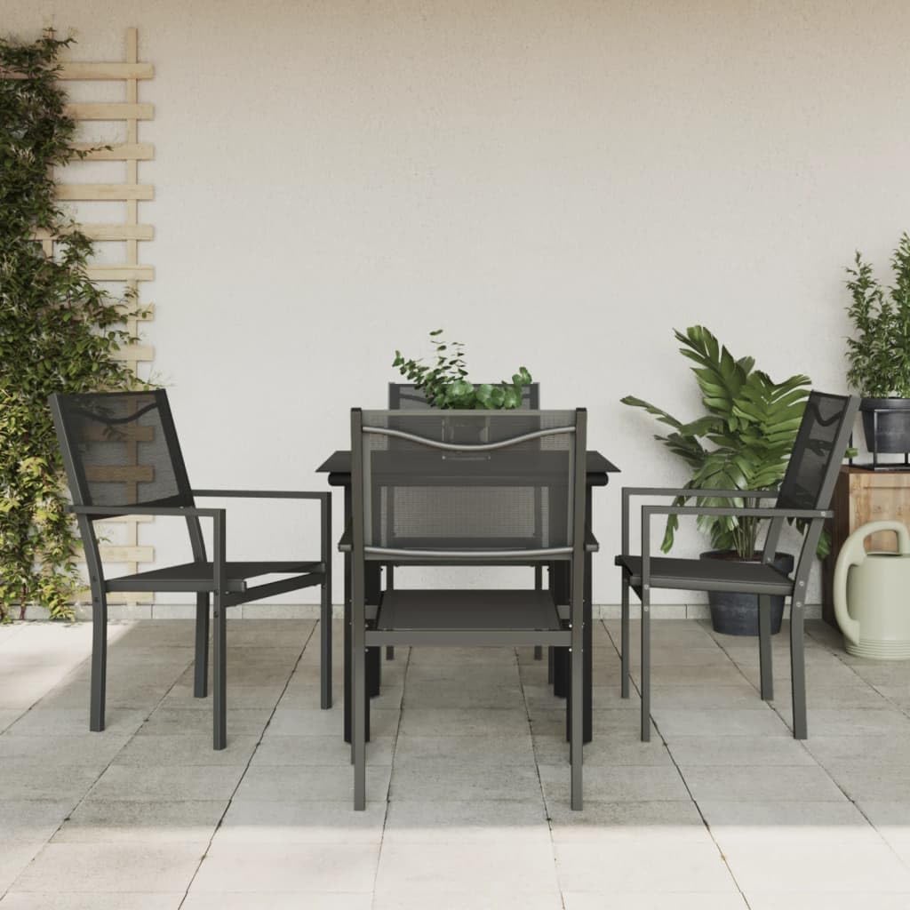 vidaXL Black Powder-Coated Steel and Textilene 5-Piece Garden Dining Set Featuring Square Table and Four Chairs for Patio & Outdoor Spaces