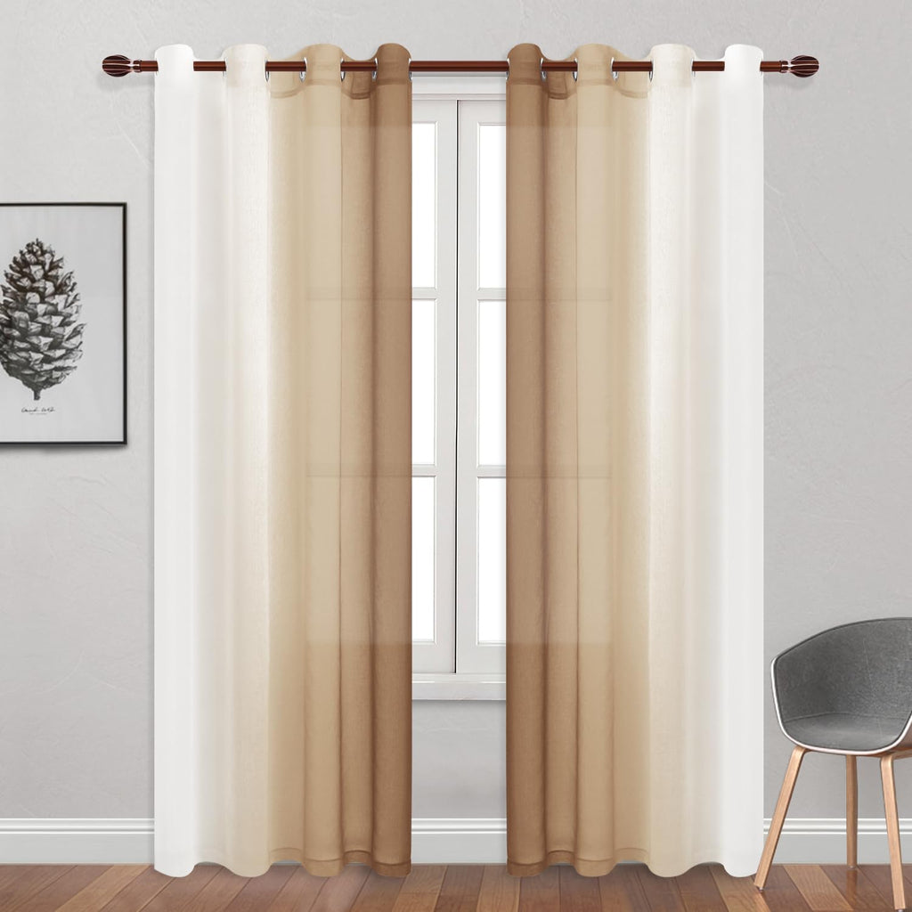 Dwcn Taupe Faux Linen Ombre Sheer Curtains - Gradient Semi Voile Curtains For Bedroom And Living Room, Set Of 2 Grommet Top Wind