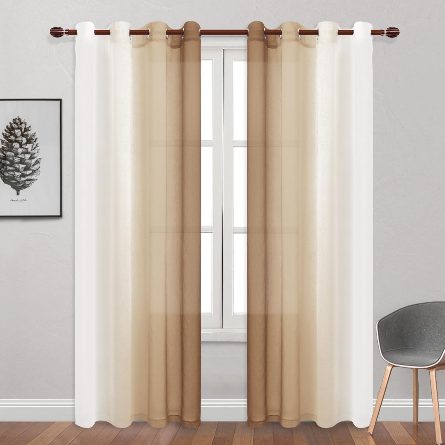 Dwcn Taupe Faux Linen Ombre Sheer Curtains - Gradient Semi Voile Curtains For Bedroom And Living Room, Set Of 2 Grommet Top Wind