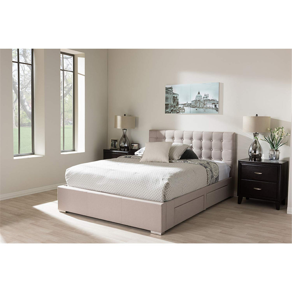 Baxton Studio Rene 4-Drawer Storage Platform Bed Beige/Queen