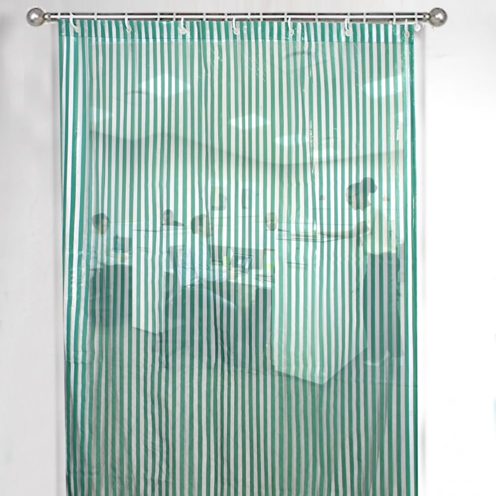 The Furnishing Tree Transparent AC Curtain with Cyan Striped Pattern WXL 4.5X5.5 Ft with 8 Hooks