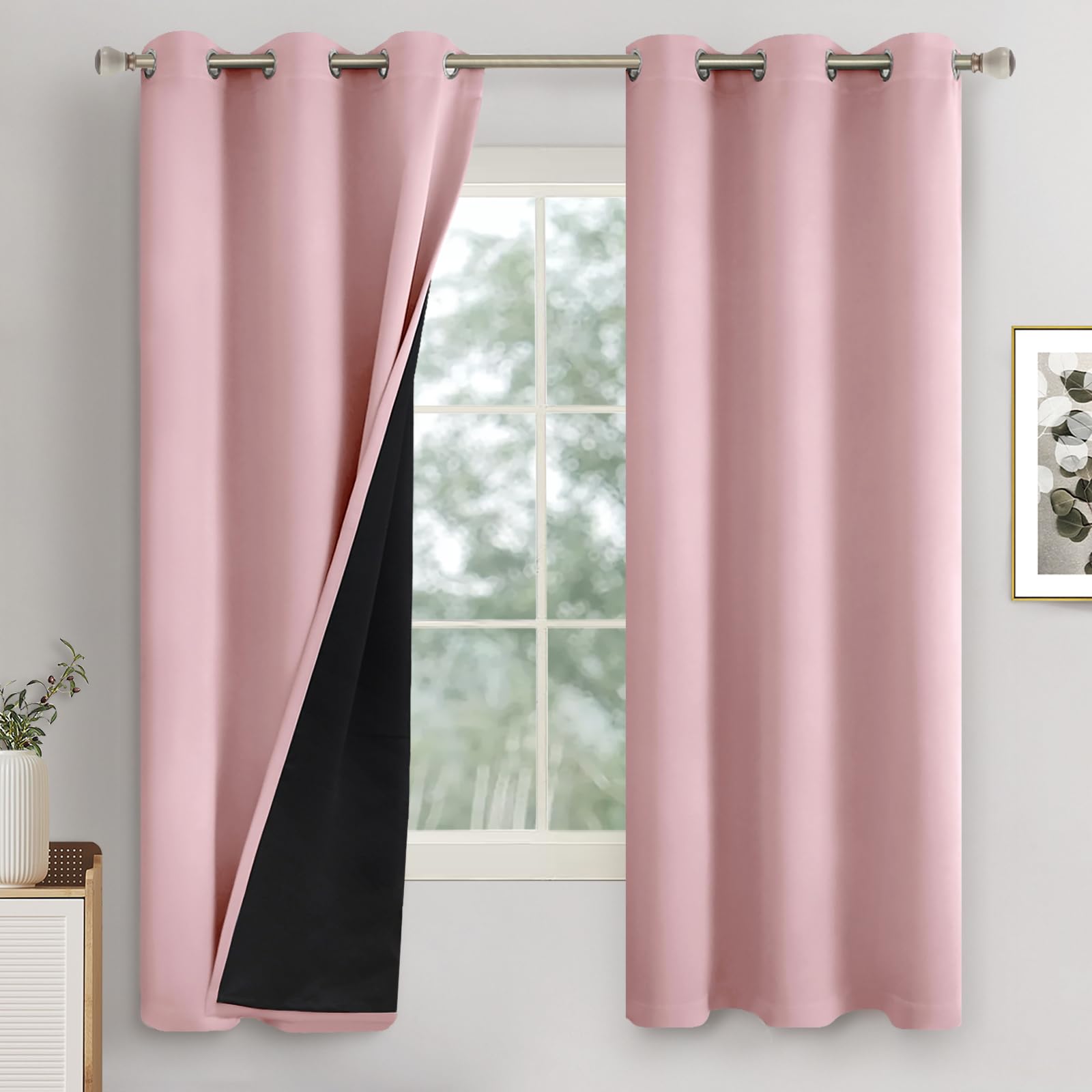 Quemas Baby Pink Blackout Curtains For Girls Bedroom 63 Inch Length 2 Panels Set, Thermal Insulated 100% Light Blocking Soundpro