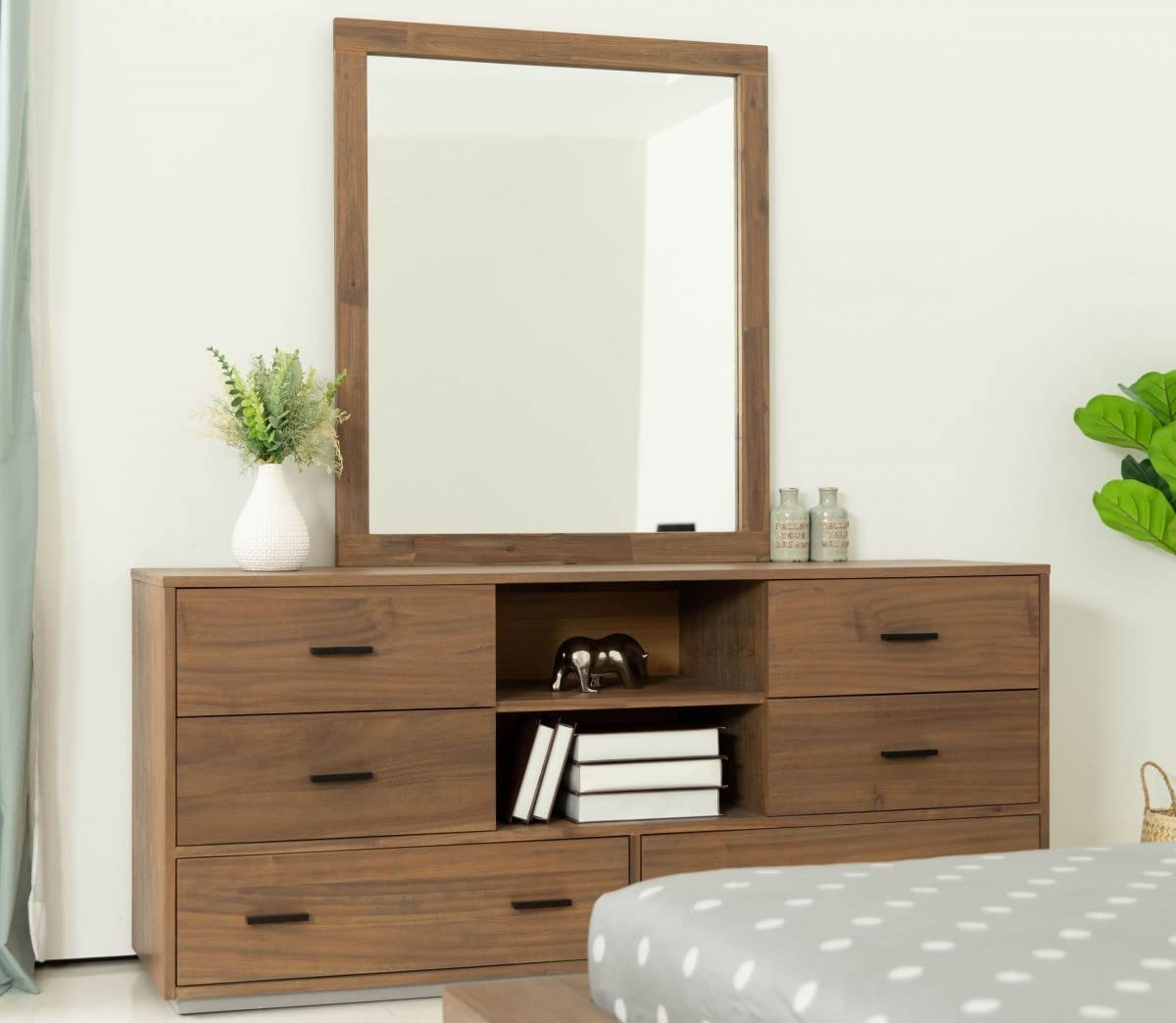 HomeRoots Veneer, Solid Wood, MDF 63&quot; Walnut Six Drawer Combo Dresser