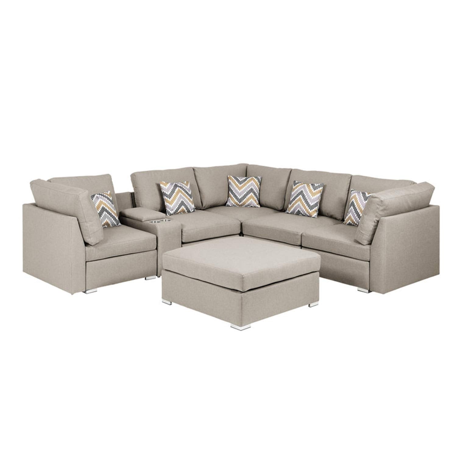 Lilola Home Amira Beige Fabric Reversible Sectional Sofa with USB Console and Ottoman