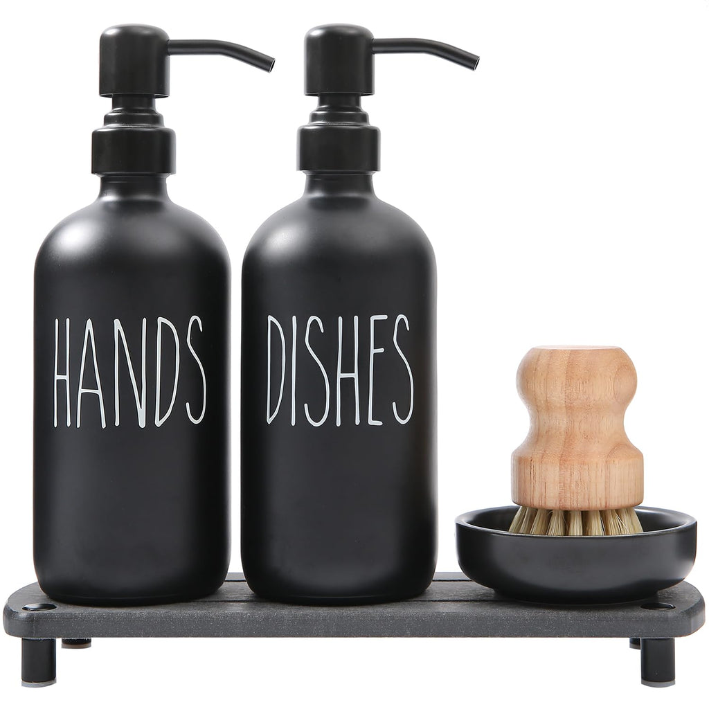MOMEEMO Matte Black Soap Dispenser Set Comes with Stainless Steel Pumps, Instant Dry Tray, and Dish Scrub Brush, Suitable for Ma