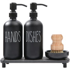 MOMEEMO Matte Black Soap Dispenser Set Comes with Stainless Steel Pumps, Instant Dry Tray, and Dish Scrub Brush, Suitable for Ma