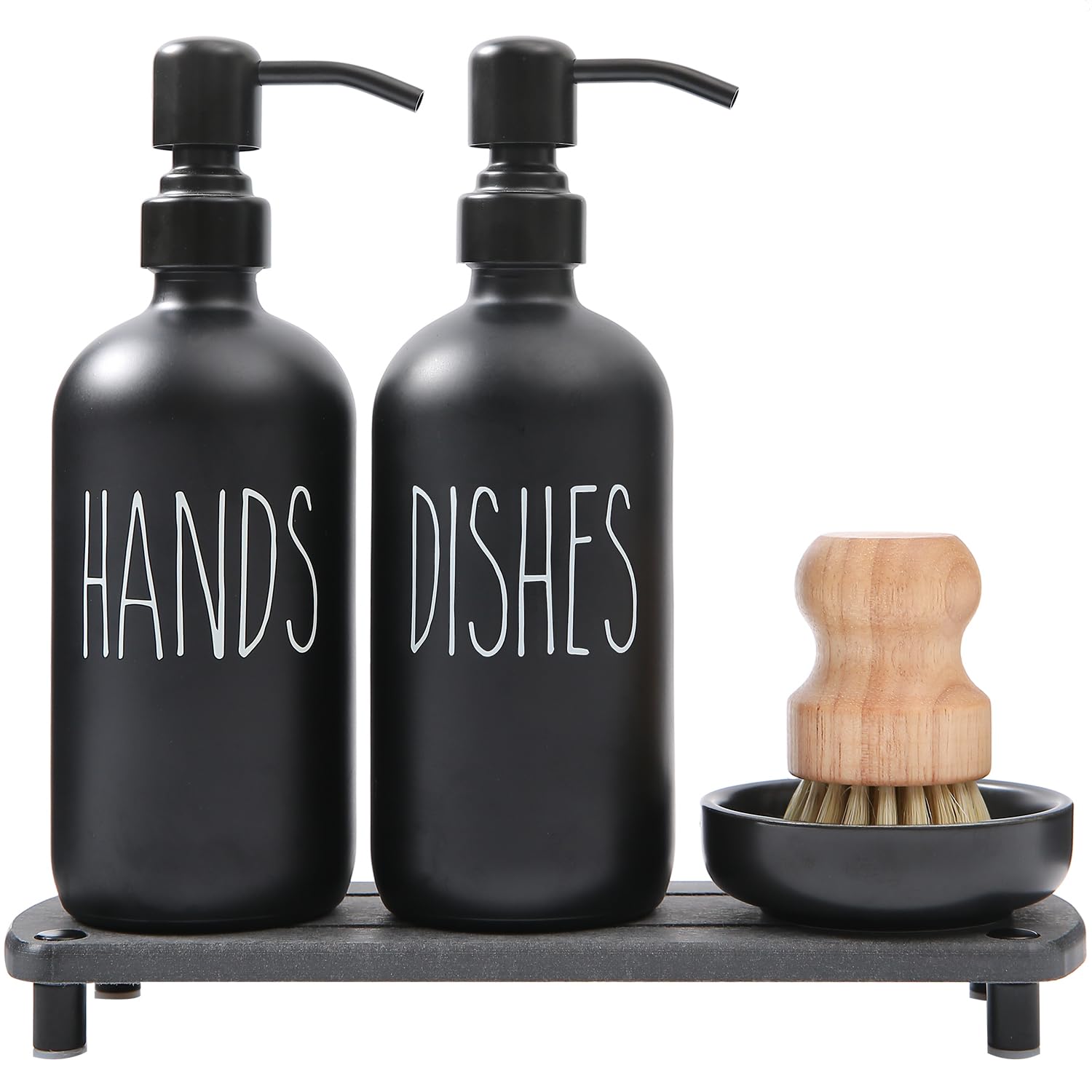 MOMEEMO Matte Black Soap Dispenser Set Comes with Stainless Steel Pumps, Instant Dry Tray, and Dish Scrub Brush, Suitable for Ma