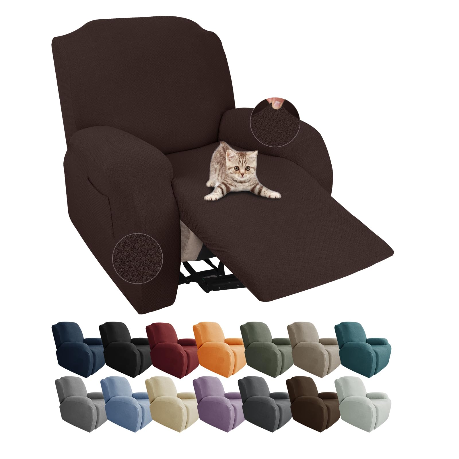 Jiviner 4-Piece Recliner Chair Covers Stretch Jacquard Chair Covers For Recliner Chair Recliner Slipcovers For Living Room Soft Recliner Protector With Pocket (Recliner,Dark Coffee)