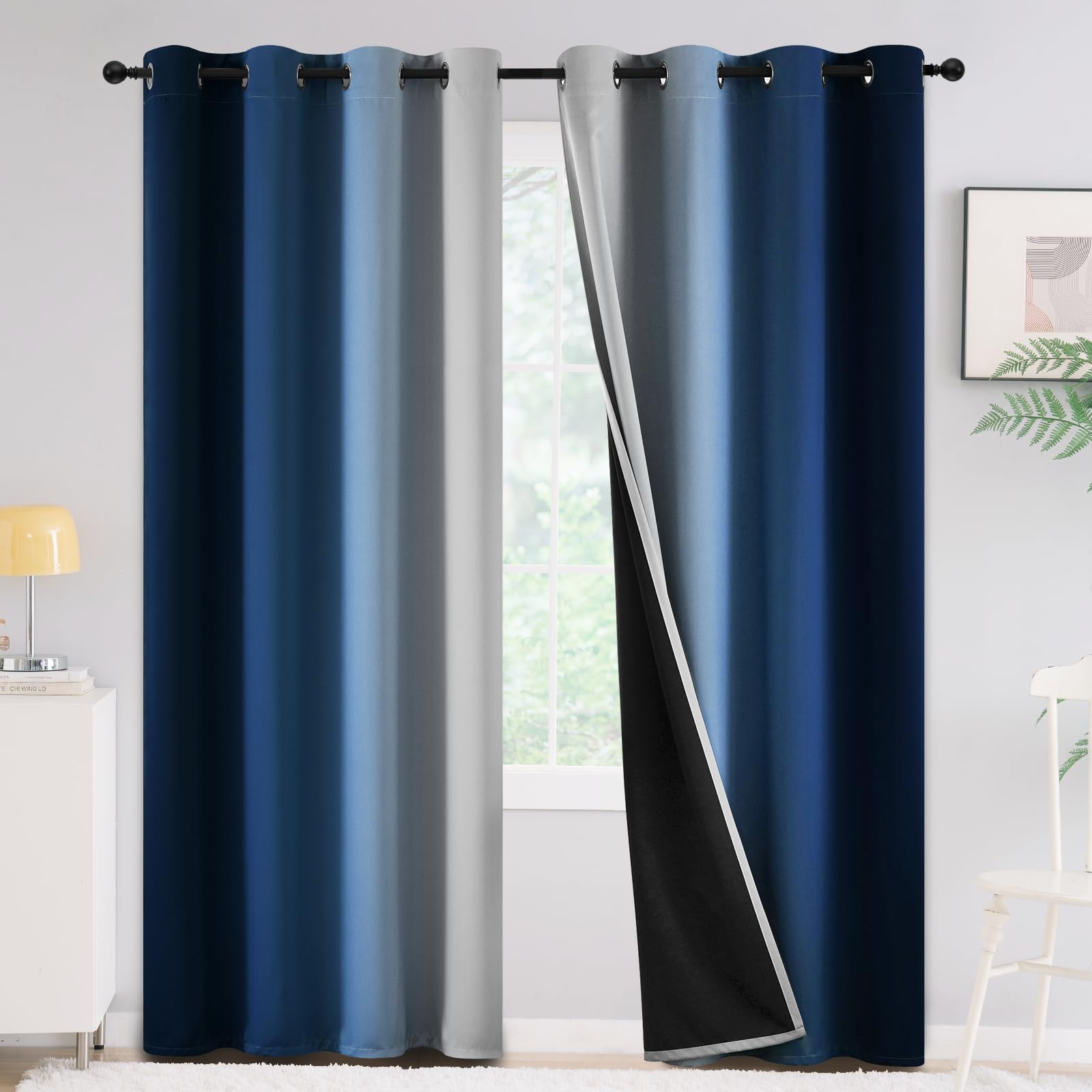 Yakamok 100% Blackout Curtains 90 inches Long,Room Darkening Blue Curtains Ombre for Bedroom Grommet Thermal Insulated Gradient 