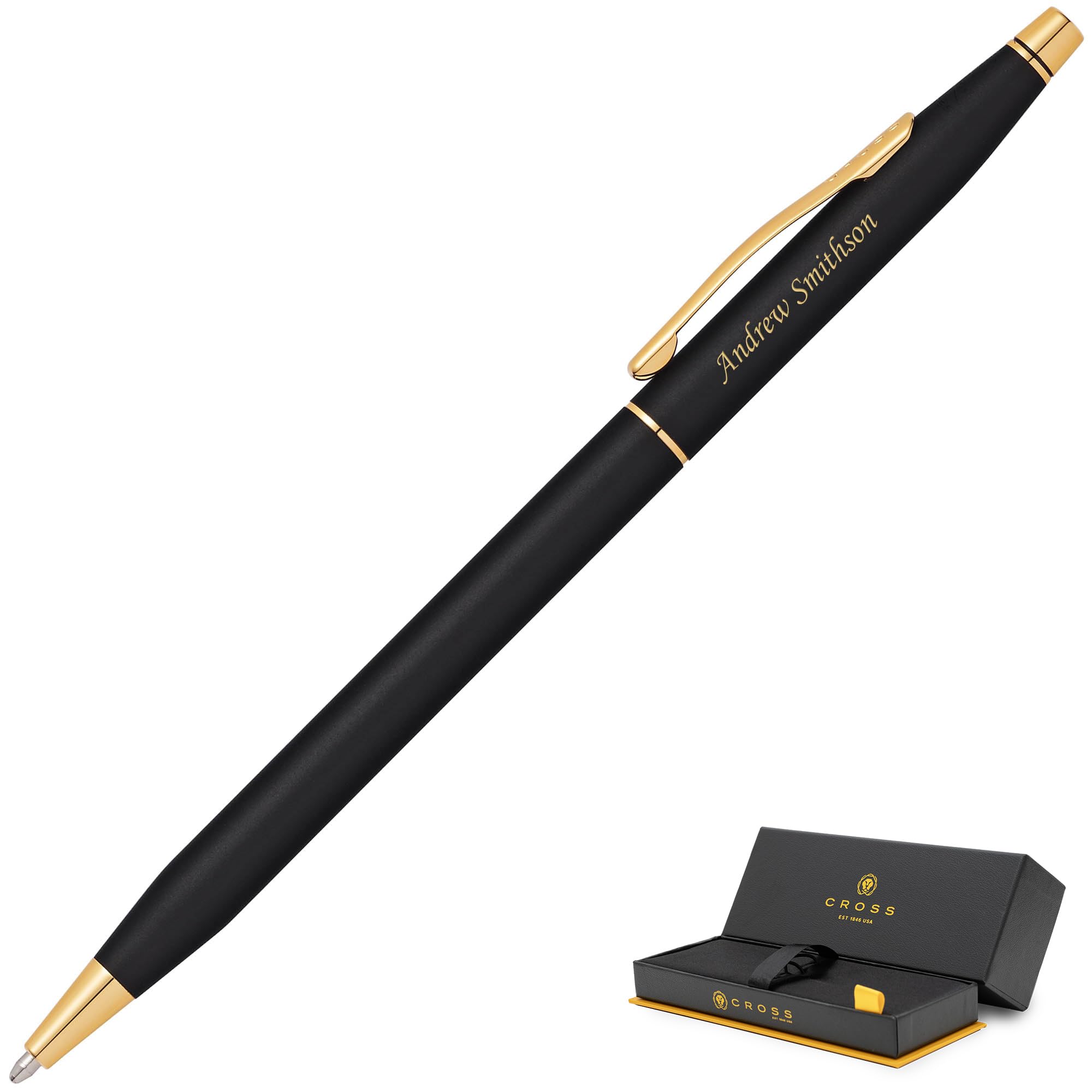 Cross Pens | Engraved Cross Classic Century Ballpoint Finished In Black With Gold Trim. Includes Gift Box For Graduation, Birthd