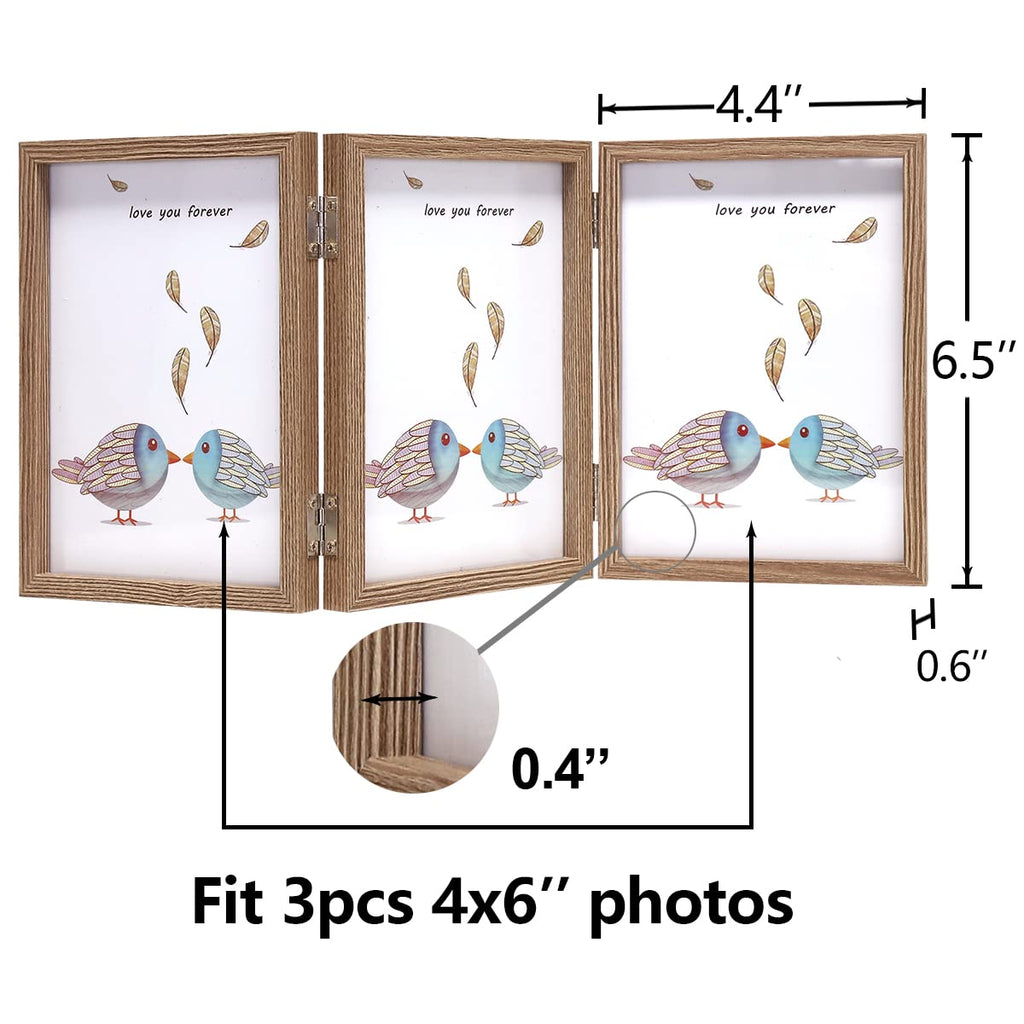 3 Picture Frame 4X6 Triple Hinged Mdf Wood Grain With Glass Front Three Opening Photo Frame Stand Vertical On Tabletop