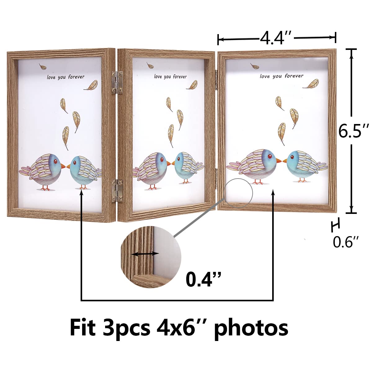 3 Picture Frame 4X6 Triple Hinged Mdf Wood Grain With Glass Front Three Opening Photo Frame Stand Vertical On Tabletop