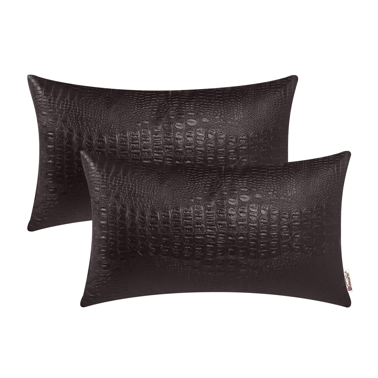 Brawarm Faux Leather Pillow Covers 12 X 20 Inches, Brown Leather Pillow Covers Pack Of 2, Crocodile Leather Decorative Lumbar Th
