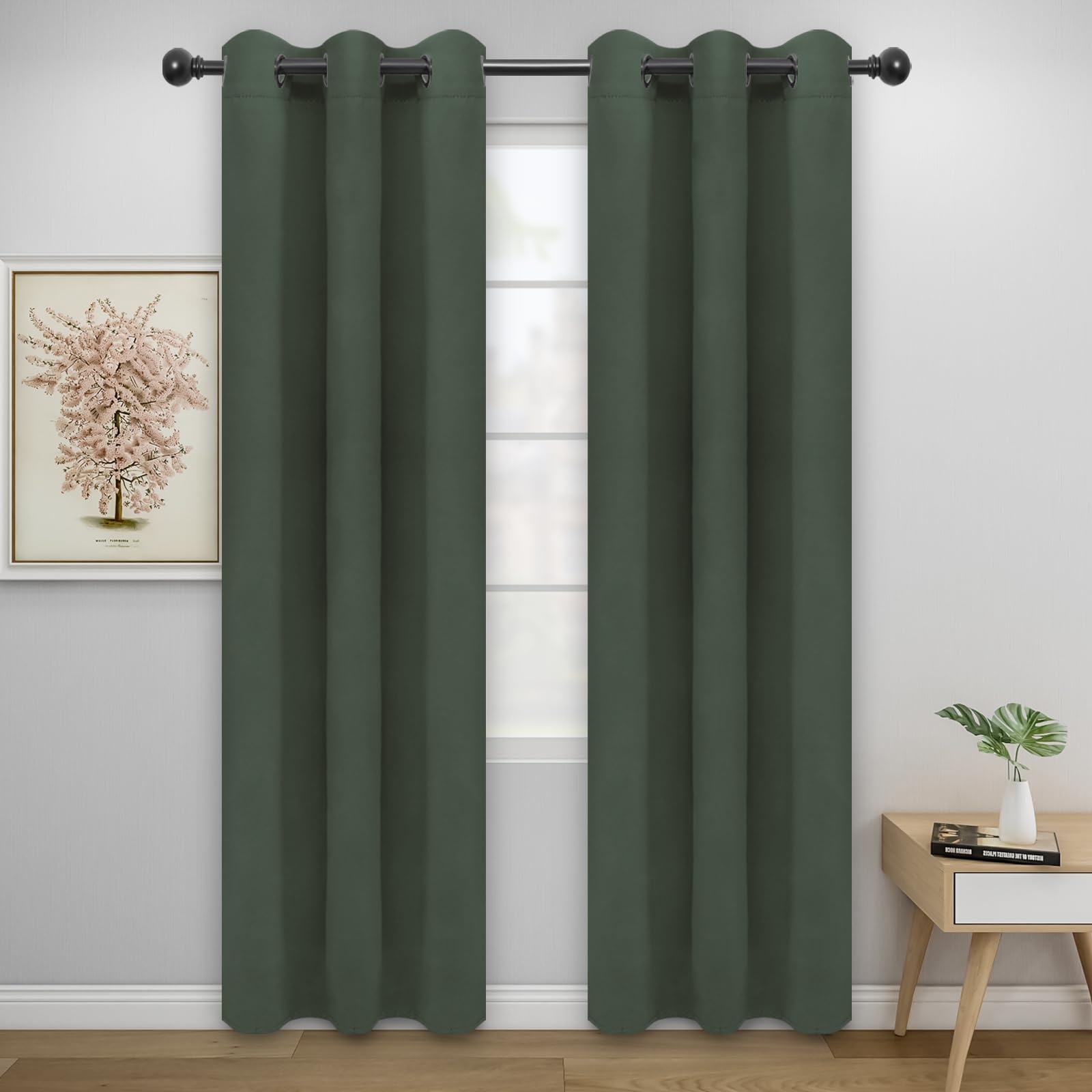 Easy-Going Blackout Curtains For Bedroom, Solid Thermal Insulated Grommet And Noise Reduction Window Drapes, Room Darkening Curtains For Living Room, 2 Panels (34X84 In, Greyish Green)