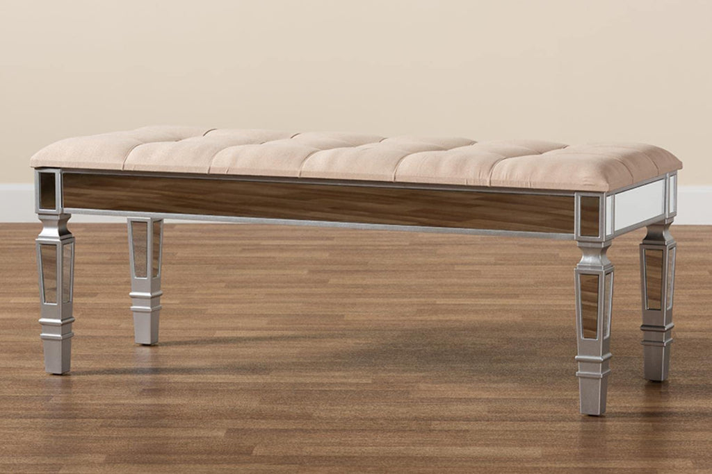 Baxton Studio Hedia Contemporary Glam and Luxe Beige Fabric Upholstered and Silver Finished Wood Accent Bench