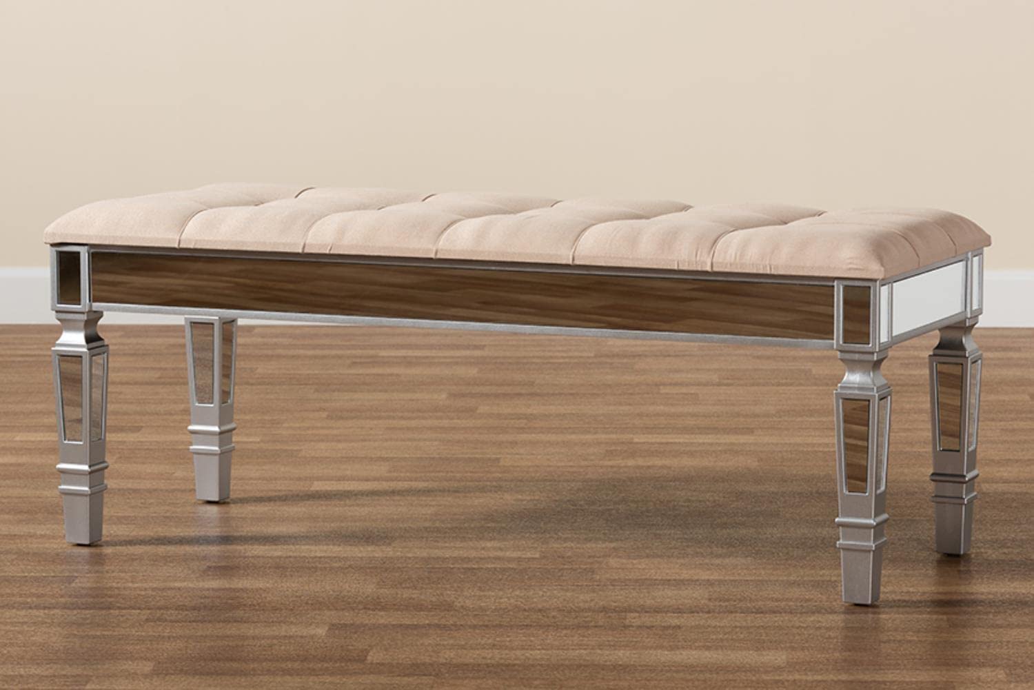 Baxton Studio Hedia Contemporary Glam and Luxe Beige Fabric Upholstered and Silver Finished Wood Accent Bench