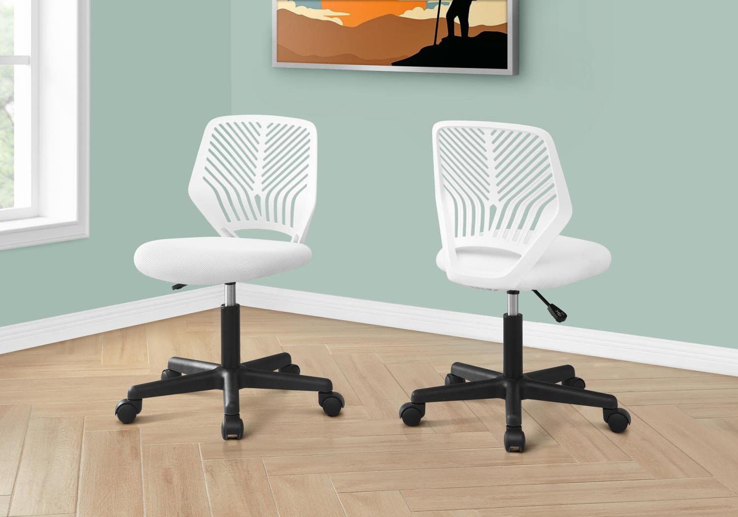 Monarch Specialties 7338, Adjustable Height, Swivel, Ergonomic, Computer Desk, Work, Metal, Fabric, White, Contemporary, Modern Office Chair Juvenile Black Base On Castors, 20" L x 21" W x 31.25" H