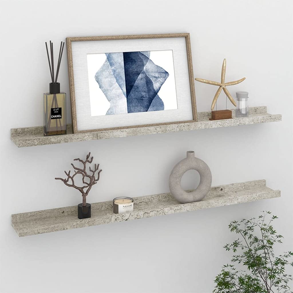 vidaXL MDF Contemporary Wall Shelves - Set of 2, Concrete Gray, 31.5&quot;x3.5&quot;x1.2&quot;, Easy to Assemble and Clean