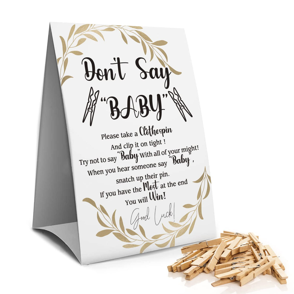 Muruseni Don't Say Baby Clothespin Games Sign(1 Sign + 50 Mini Clothespins), Baby Shower Games, Golden Leaf,Gender Neutral Baby 