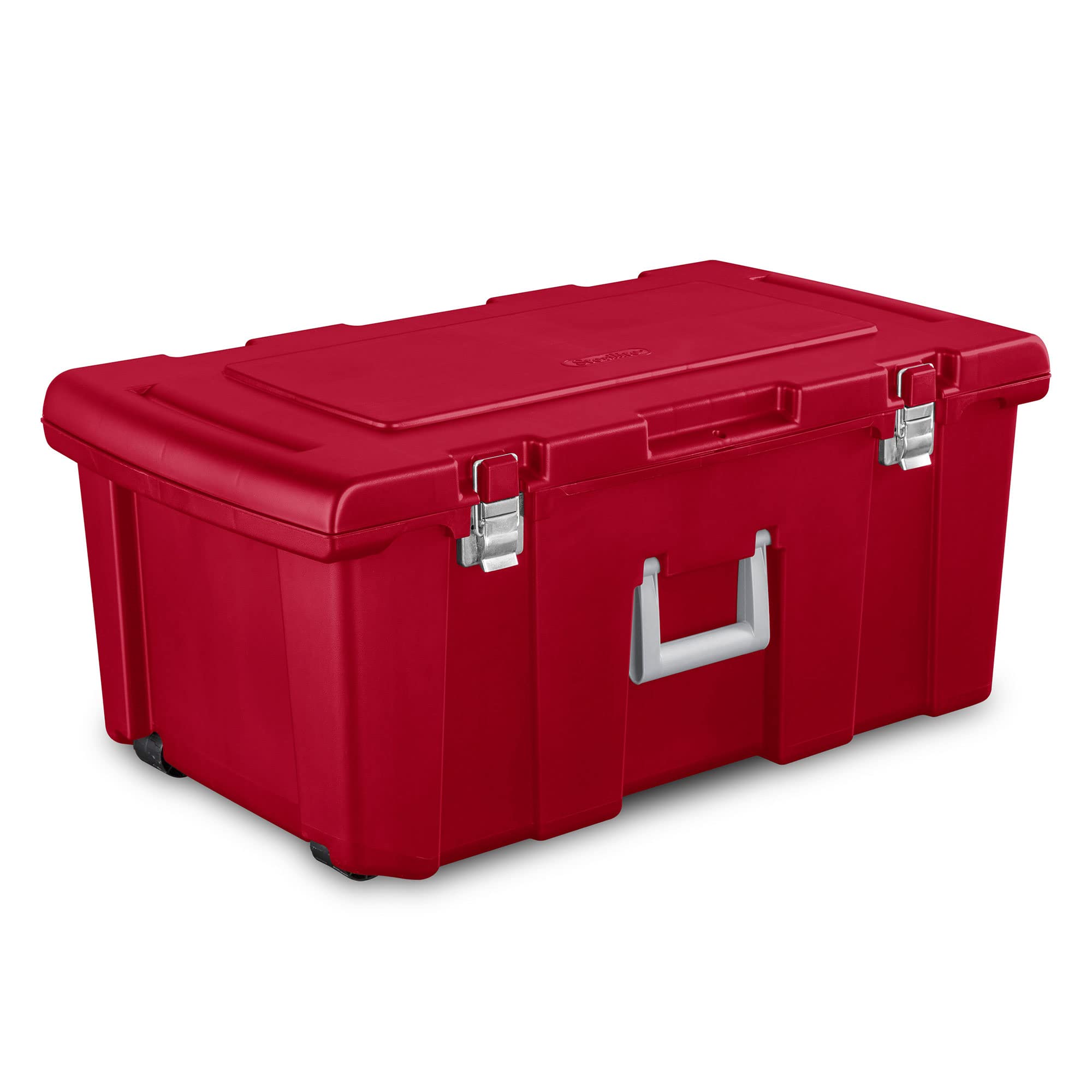 Sterilite 23 Gallon Lockable Storage Tote Footlocker Toolbox Container Box with Wheels, Handles, Metal Hinges, and Latches, Infr