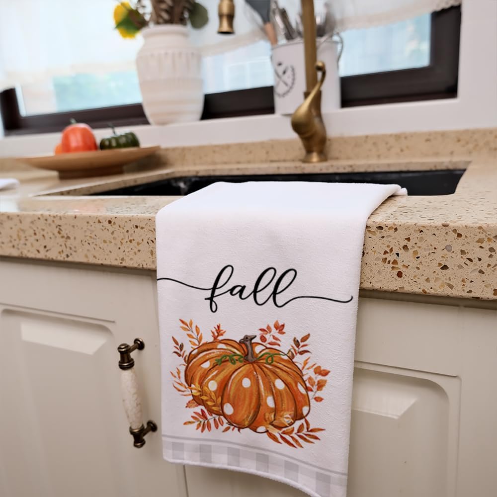 Arkeny Fall Kitchen Towels Set Of 2,Orange Pumpkin Grey Buffalo Check Autumn Dish Towels 18X26 Inch Drying Dishcloth,Farmhouse H