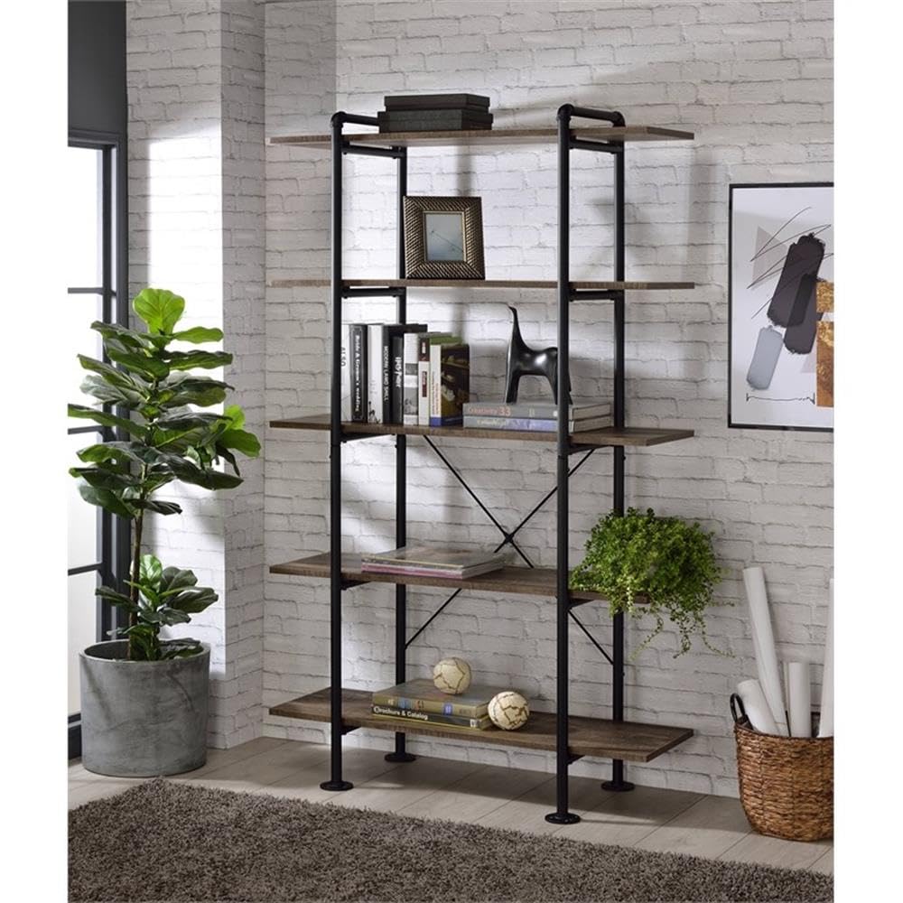 Acme Nefo 5 Wooden Tiers Shelf Bookcase in Rustic Oak and Black