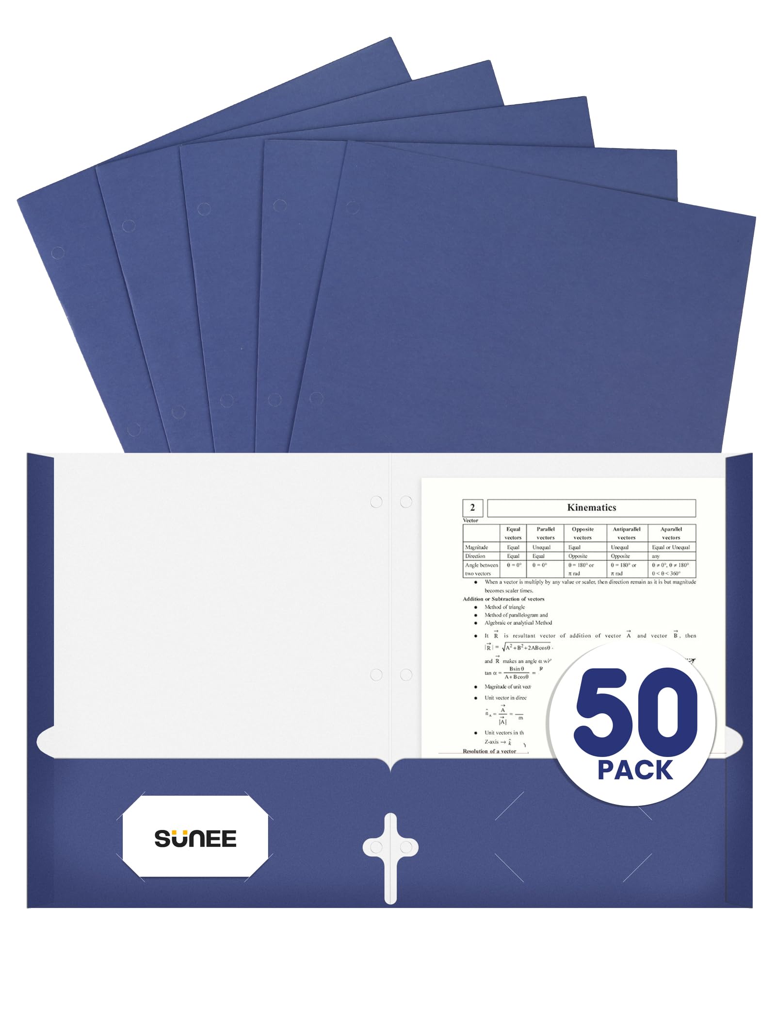 Sunee Folders With Pockets 3 Hole Punched(50 Pack, Dark Blue), 2 Pocket Folders Fit Letter Size Paper, Paper File Folder For Sch