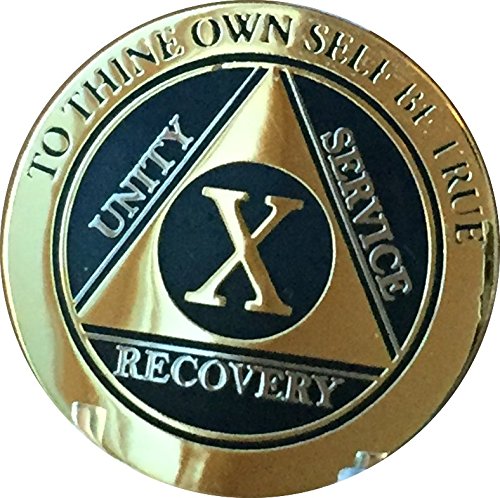 Recoverychip 10 Year Aa Medallion Elegant Black Gold Silver Bi-Plated Alcoholics Anonymous Chip